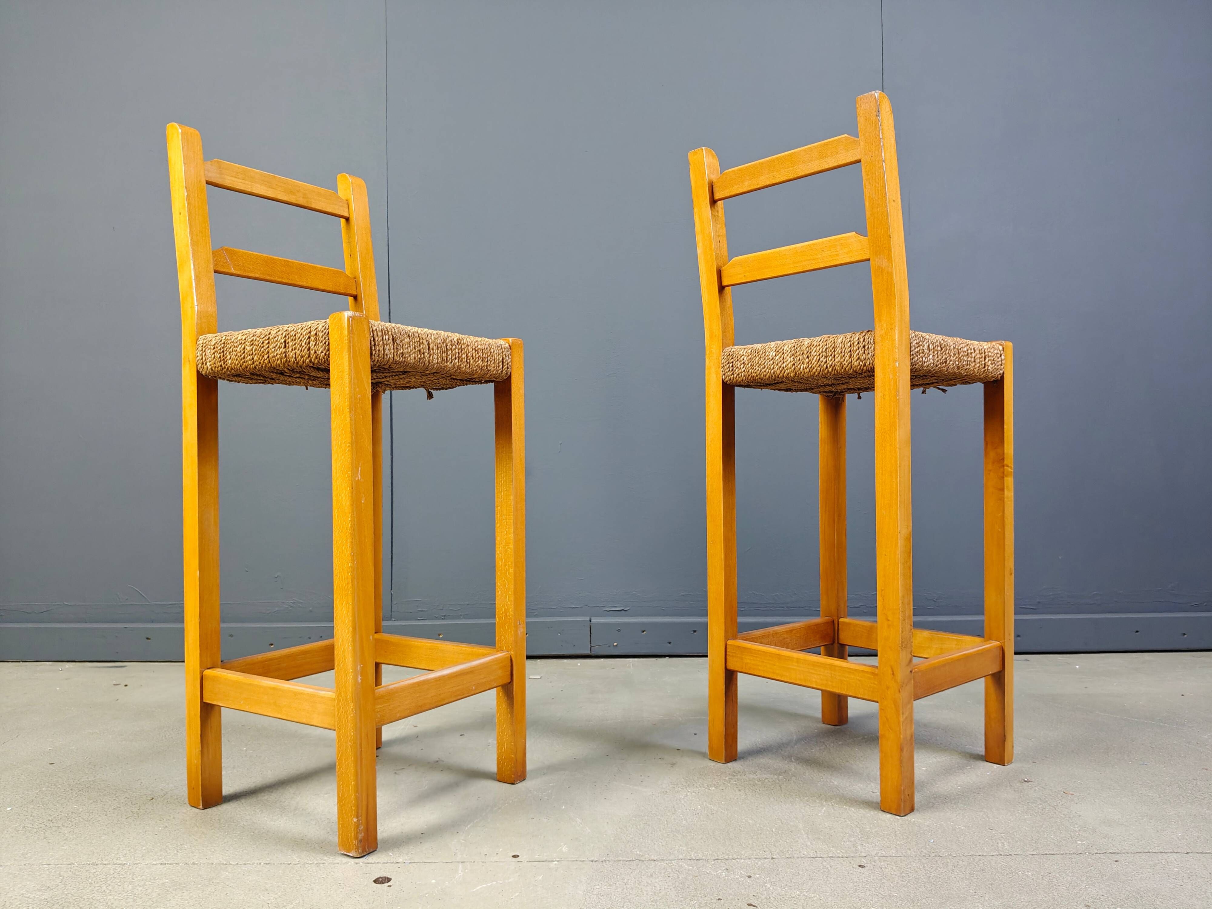 Vintage oak and papercord bar stools, 1960s - vintage bar stools