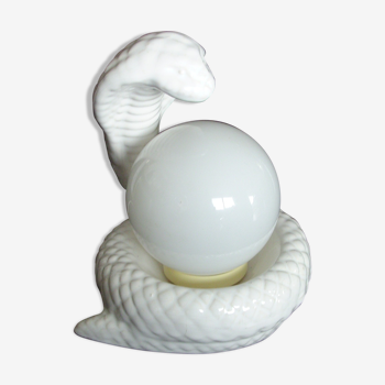 Lampe de chevet serpent en céramique craquelé globe opaline année 80