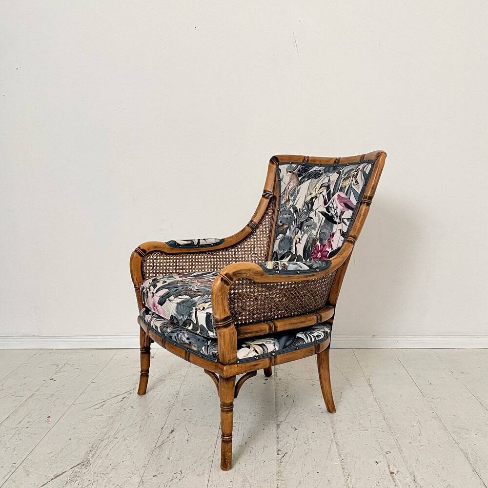 Mid-Century French Armchair in Bamboo Style with Animal Print Fabric, 1980