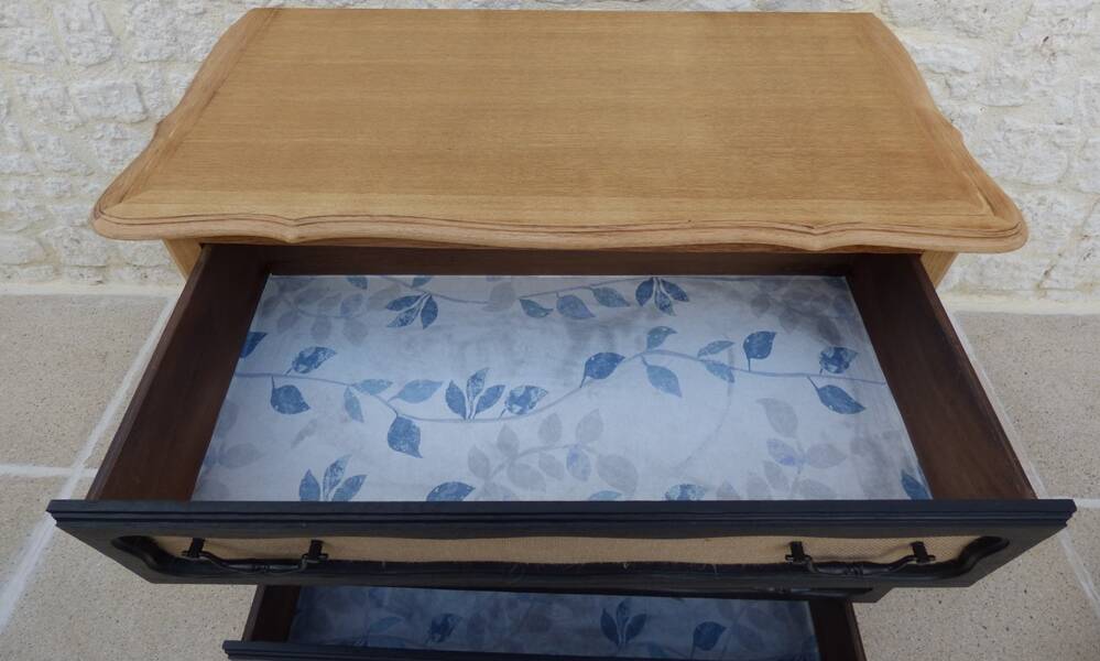 Solid wood 3 drawer chest of drawers in natural and black wood with drawer