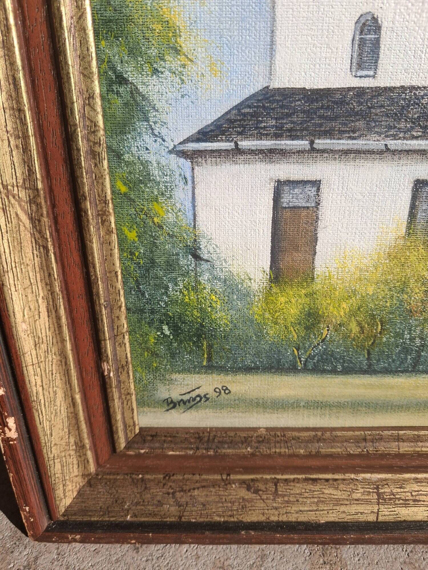 Oil on isorel depicting a church from Northern Europe.