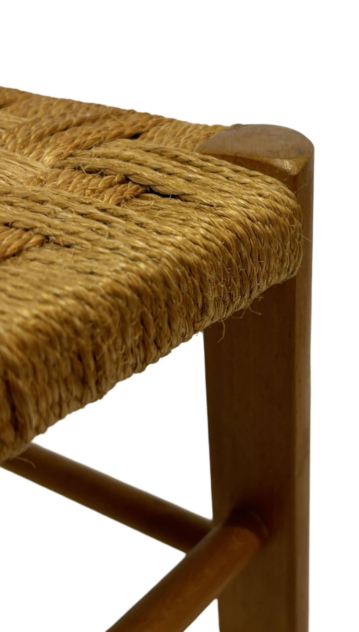 Tabouret vintage années 60 en chêne avec assise tressée