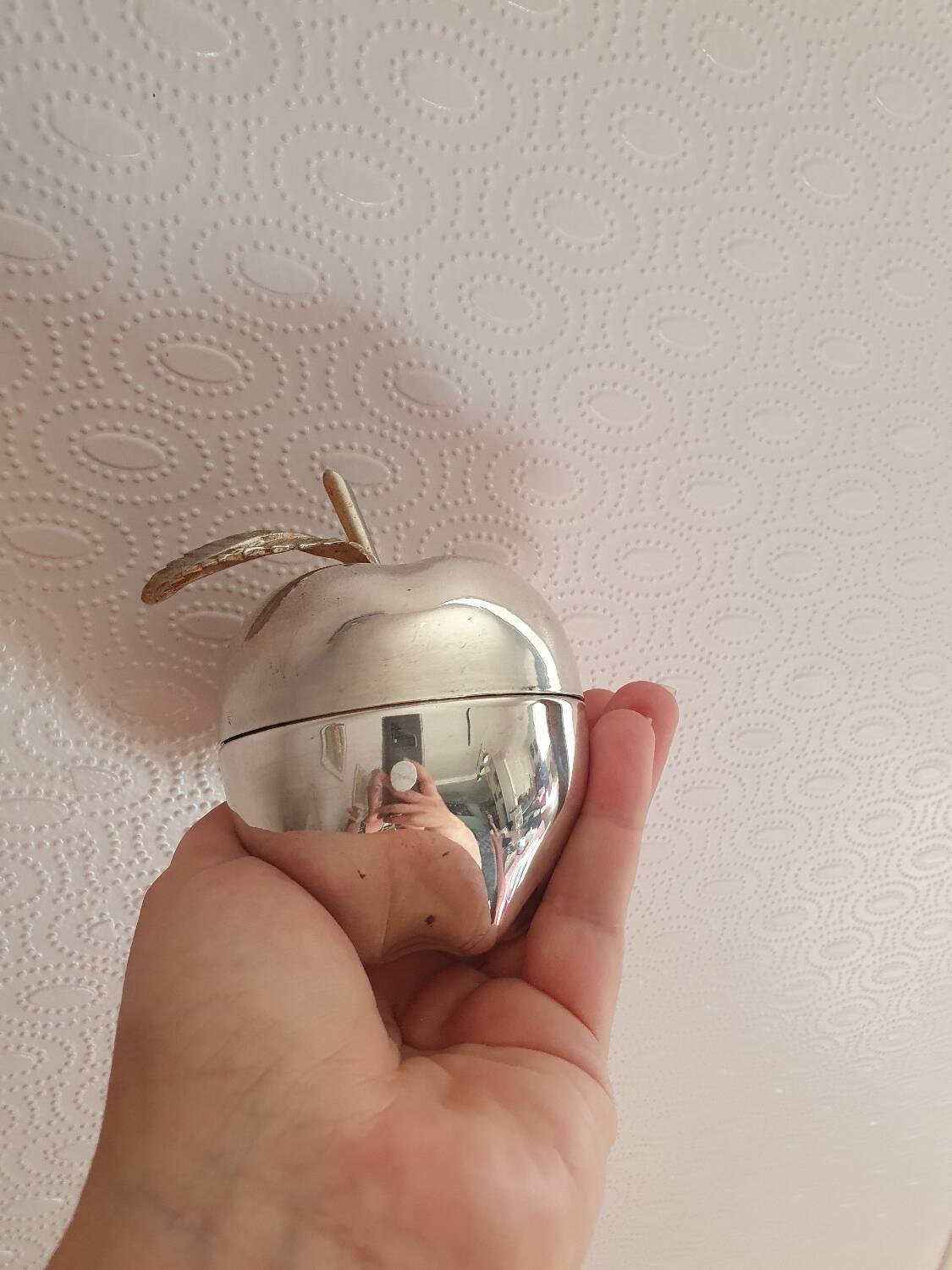 Vintage hollywood regency style apple shaped silver metal box