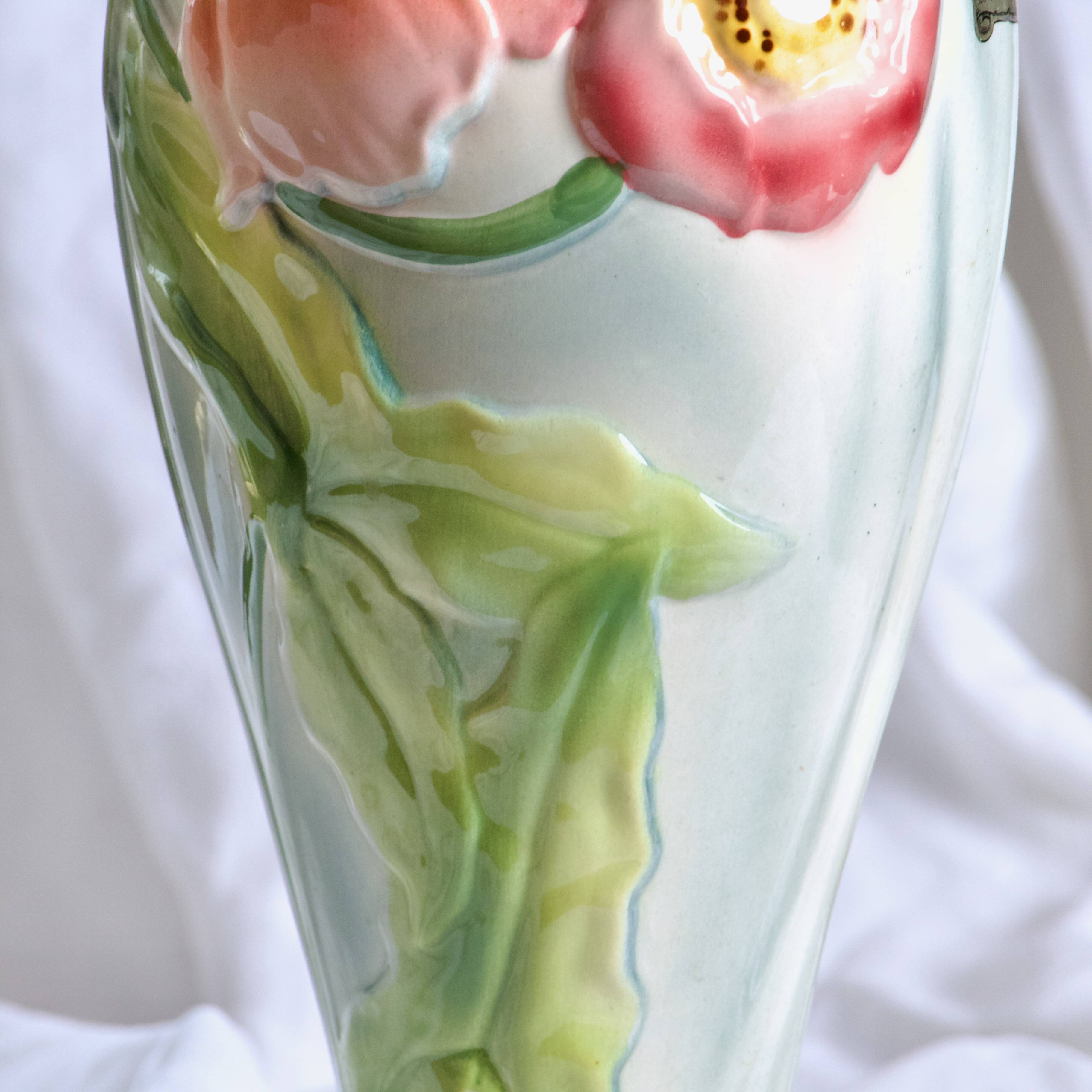 Large antique St Clément vase in barbotine Anemones hand painted