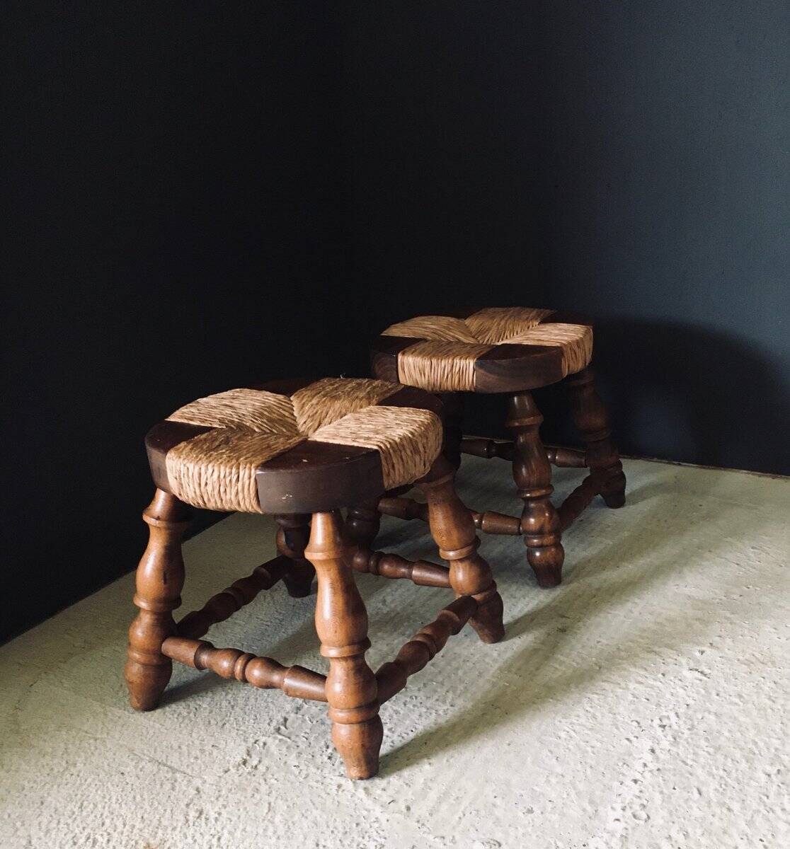 Rustic Low Oak and Rush Stools in the style of Charles Dudouyt, France, 1940s, Set of 2