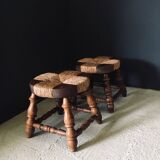 Rustic Low Oak and Rush Stools in the style of Charles Dudouyt, France, 1940s, Set of 2