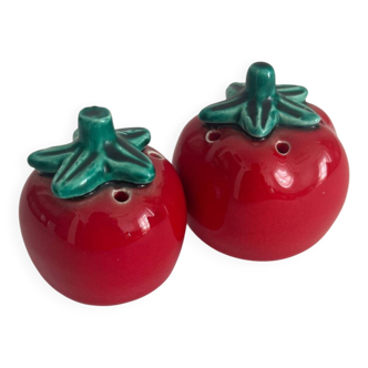 Salière et poivrier tomate en barbotine vintage