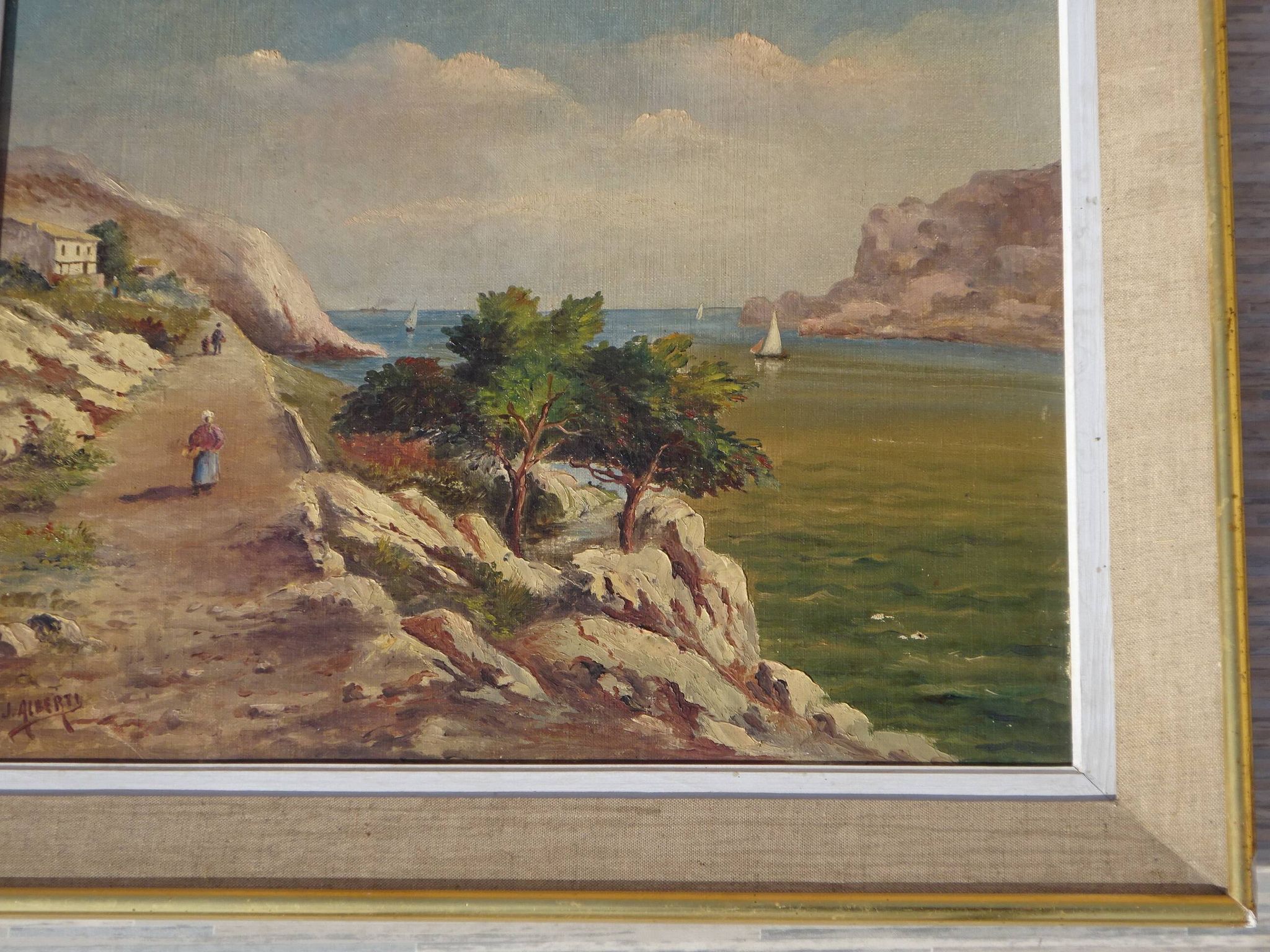 Landscape painting of the Calanques in the Mediterranean signed by Alberti.