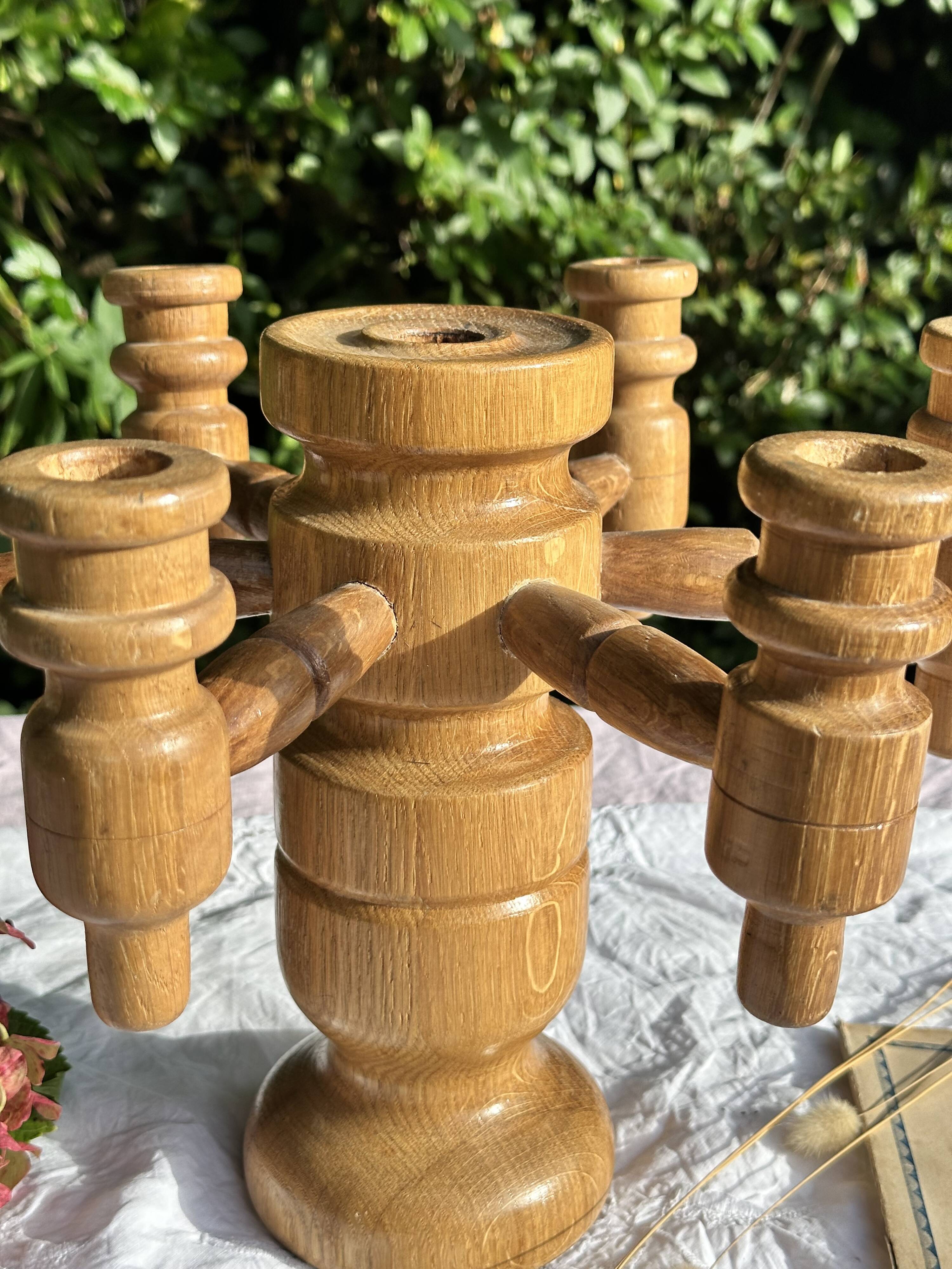 Vintage Scandinavian Candle Holder in Natural Wood, 60s Design - 7 Candles