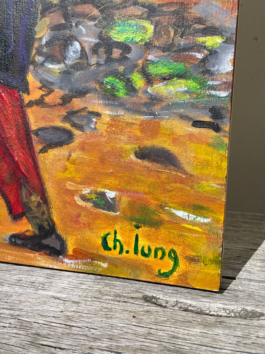 Painting of a woman in a field signed Lung