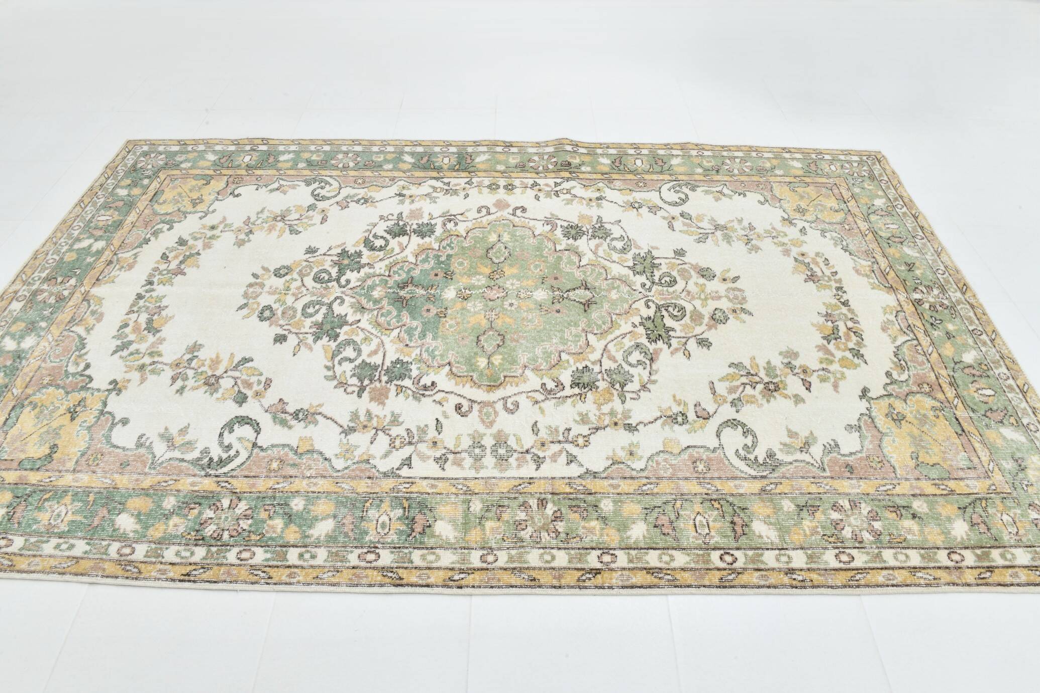 6x10 Beige & Green Geometric Pattern Anatolian Vintage Rug, 185x296 Cm