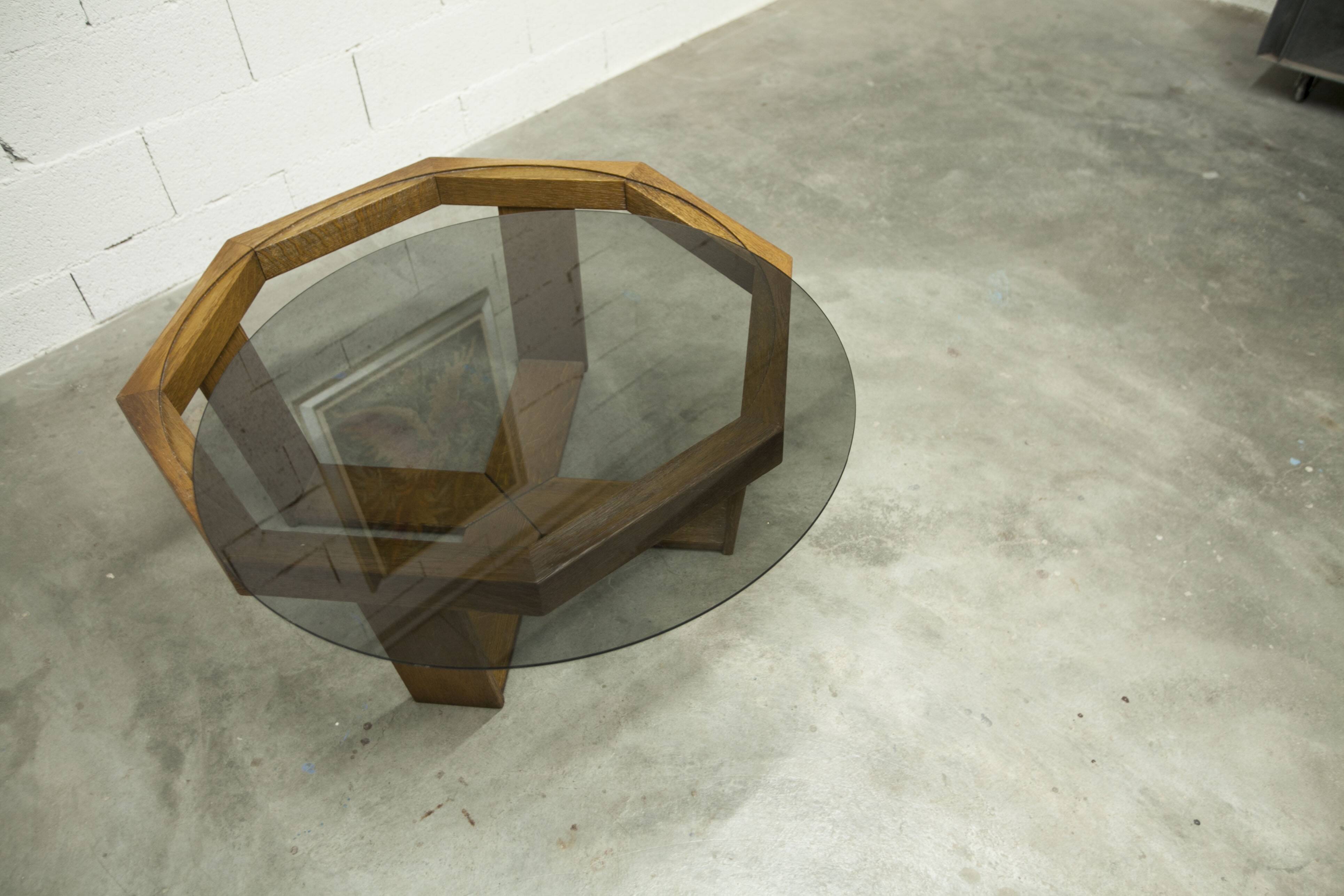 Unique hexagonal table 1977, smoked glass and oak, Swiss made.