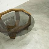 Unique hexagonal table 1977, smoked glass and oak, Swiss made.
