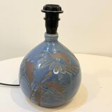 Lampe signé en grés bleu vintage chardons 1970 abat-jour corde raphia années 70 bohème