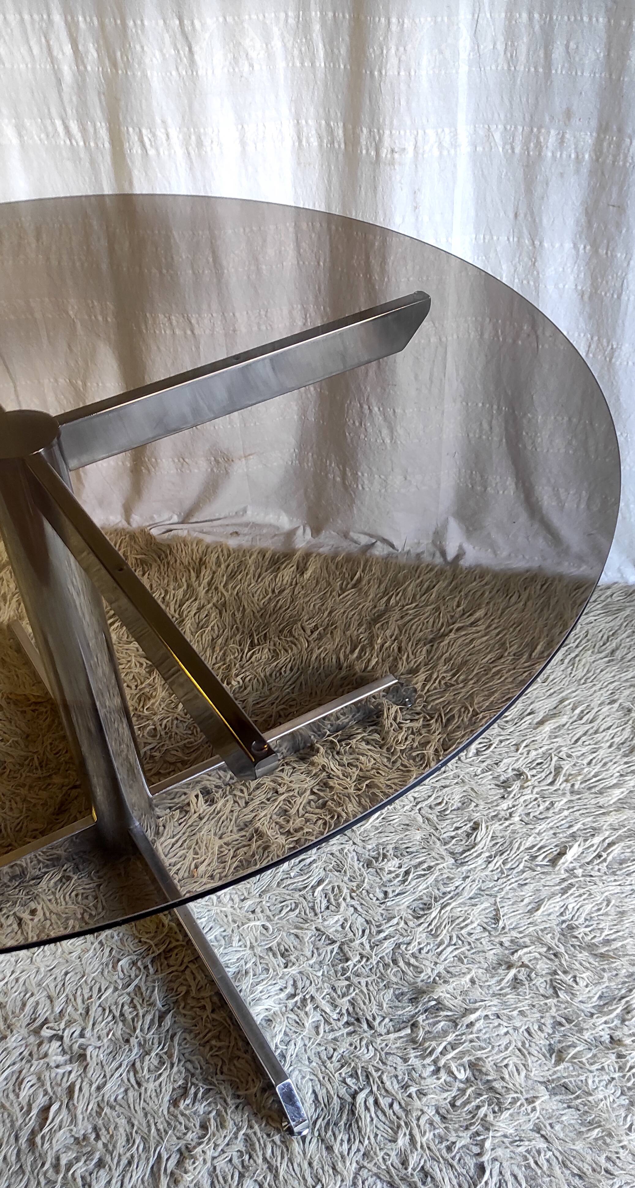 Roche Bobois dining table design chromed metal and smoked glass – 70s