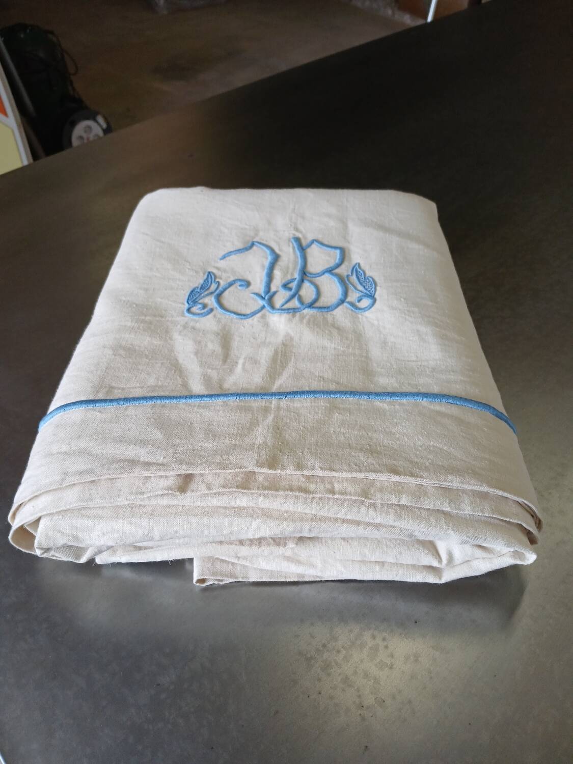 Antique linen sheet with JB embroidery