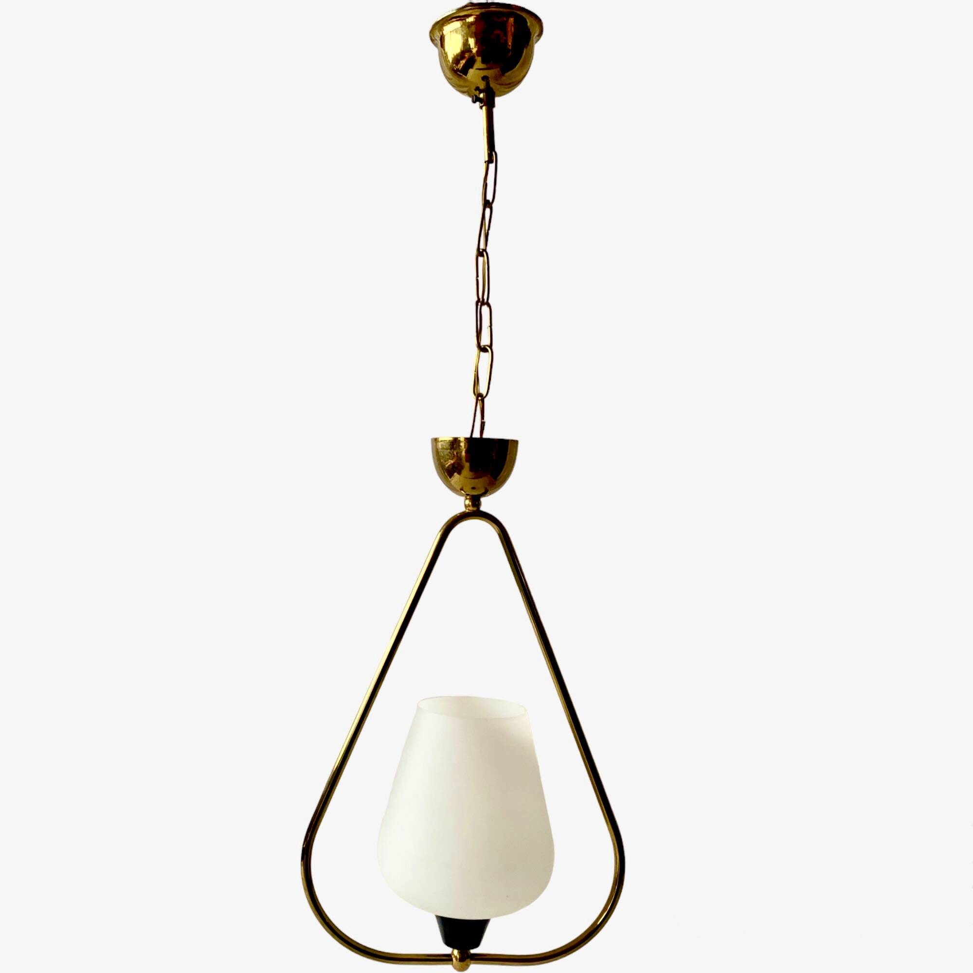 Modernist pendant light in white sandblasted glass and brass