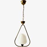Suspension moderniste en verre sablé blanc et laiton