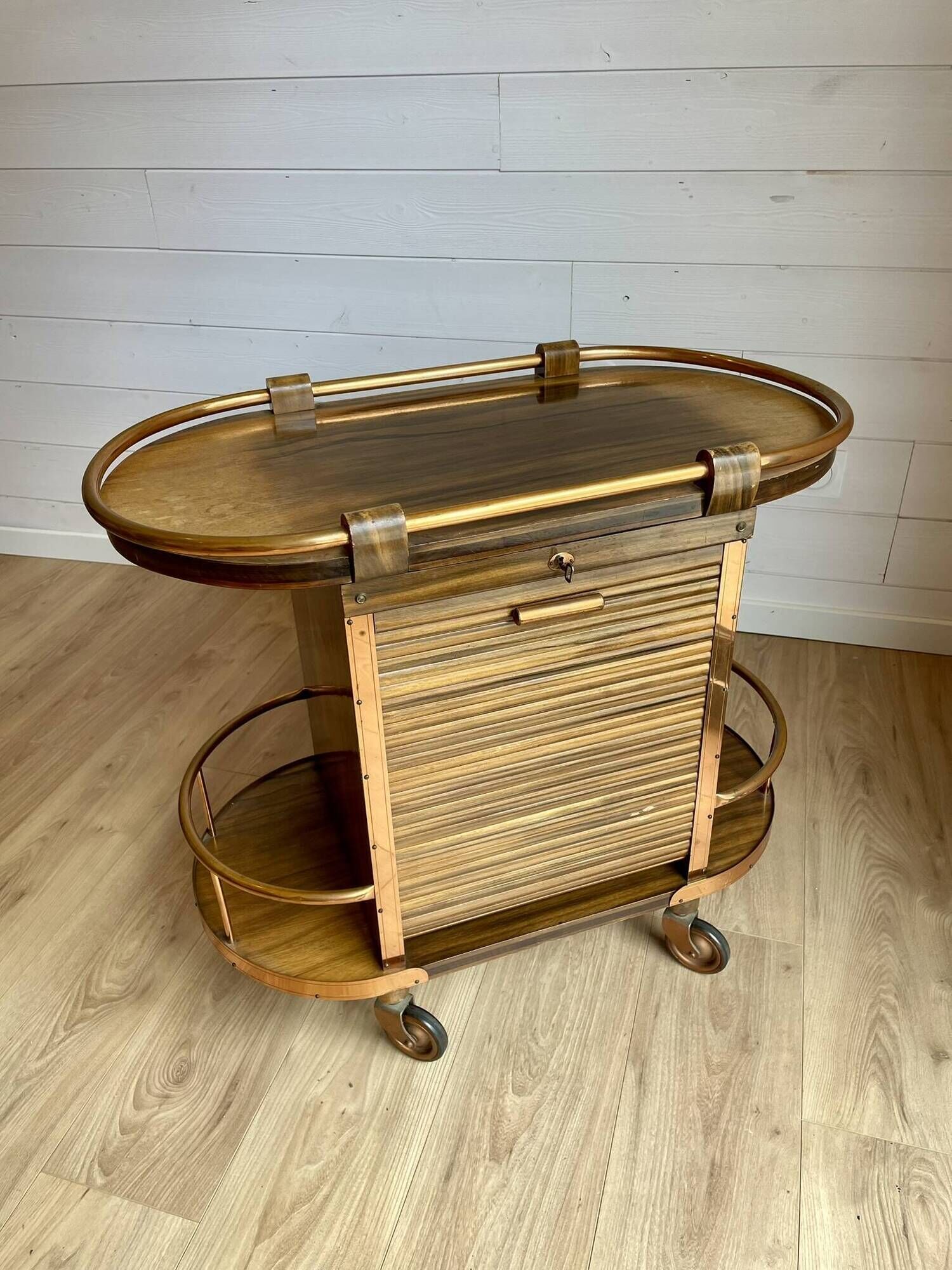 Bar cart / Vintage Art Deco service trolley – Wood and copper