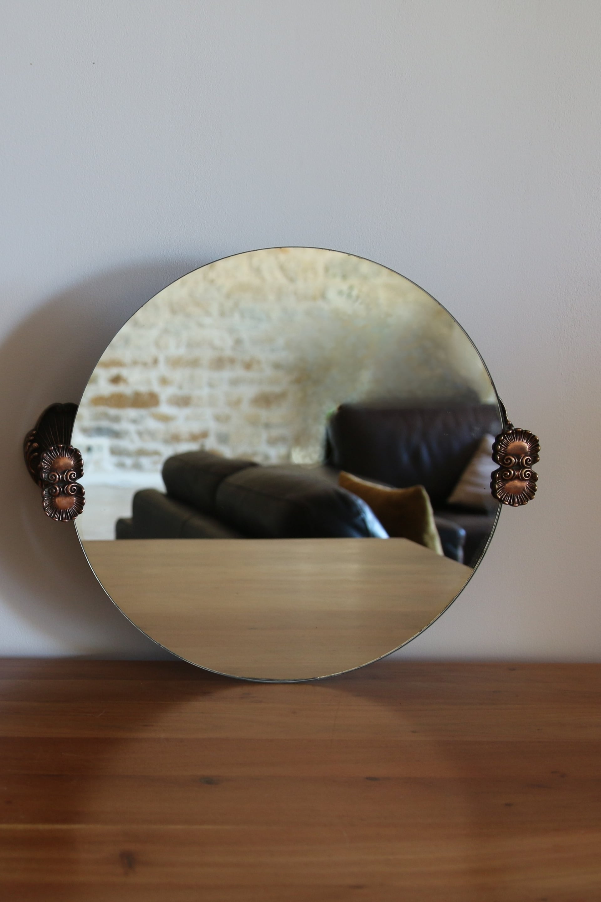 2 round mirrors made of copper alloy, 1940s-1950s