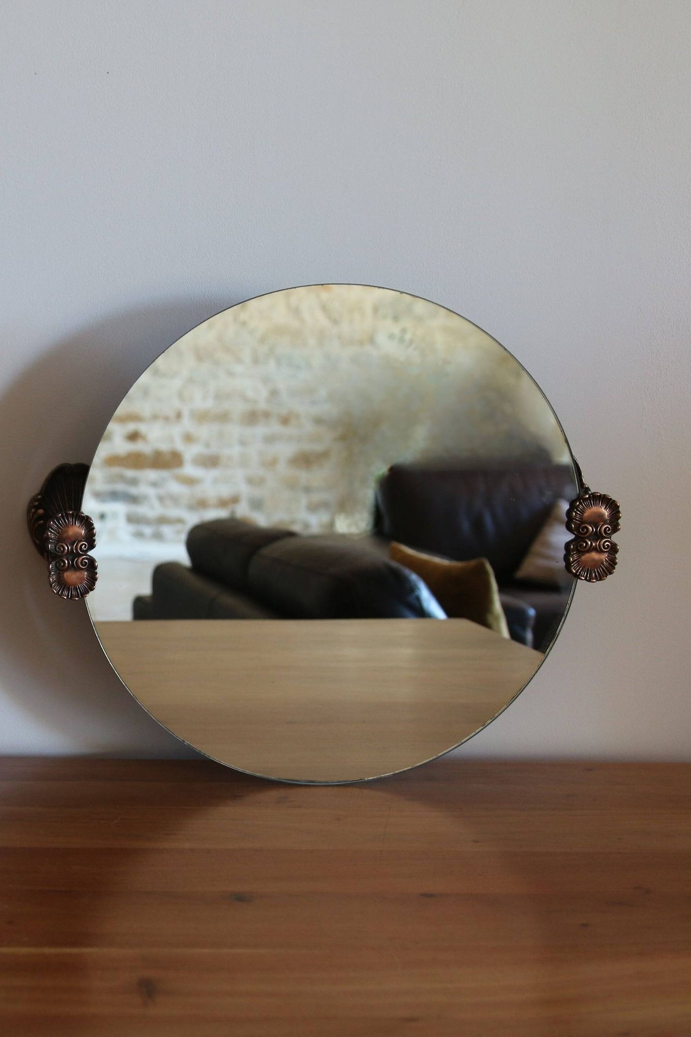2 round mirrors made of copper alloy, 1940s-1950s