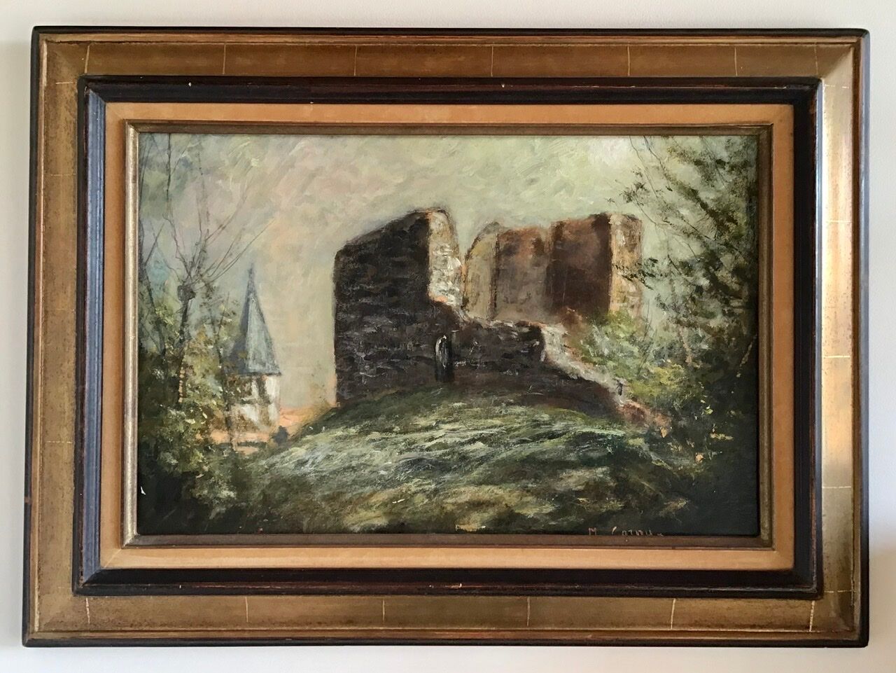Antique landscape painting signed M Cornu from the 1980s