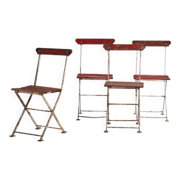 Anciennes chaises de jardin pliantes rouges (vers 1920). Ensemble de 4 pièces