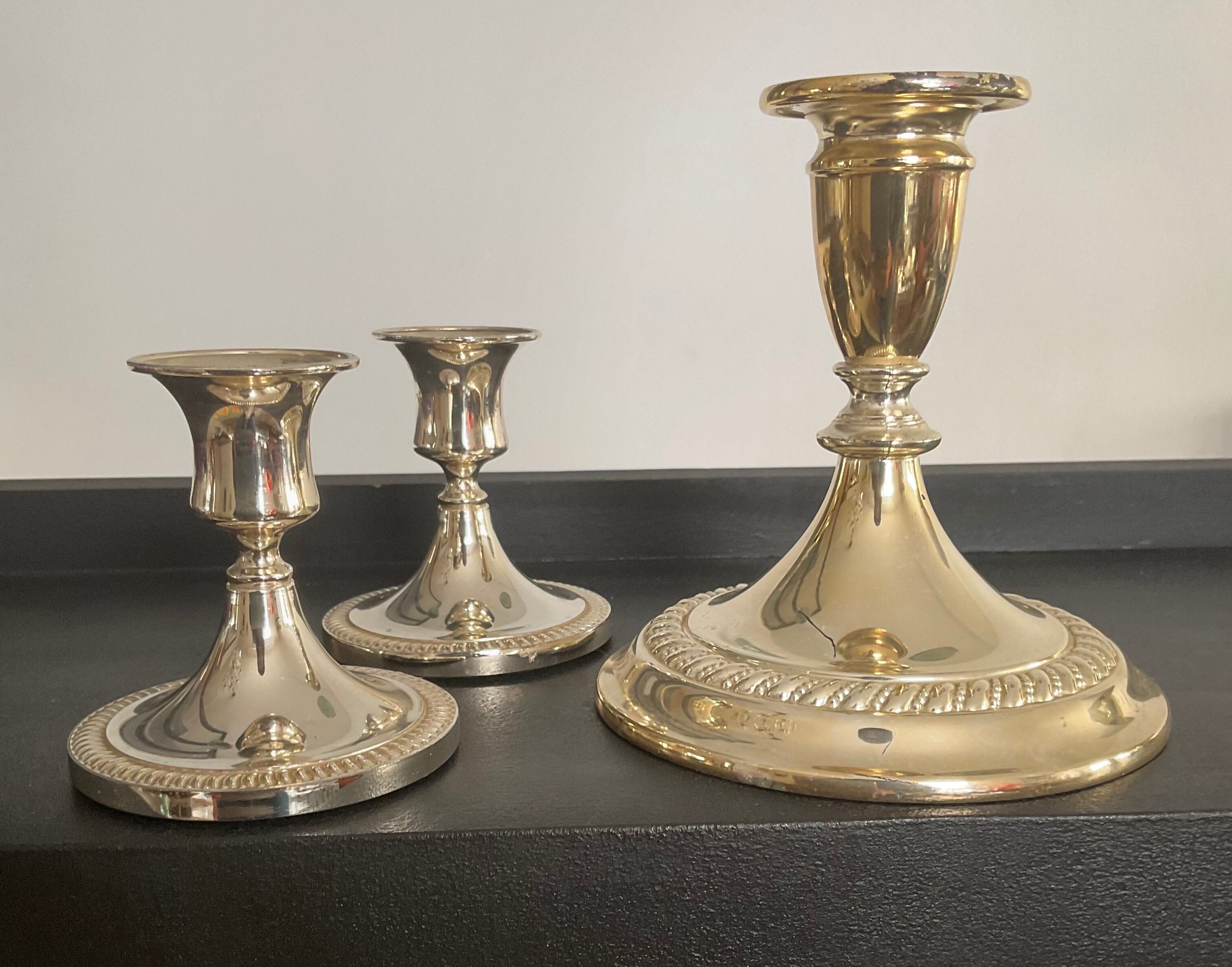Series of 3 vintage candle holders in silver metal 70s