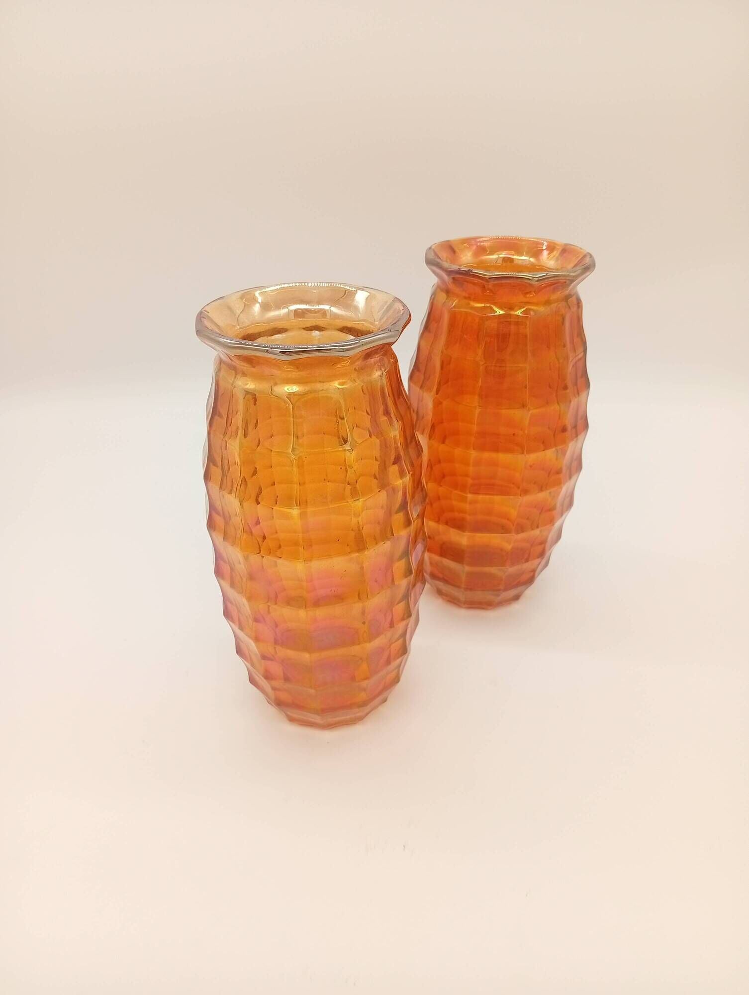 Paire Vases Art Déco Josef Invald Carnival Marigold Orange Irisé Jacobean
