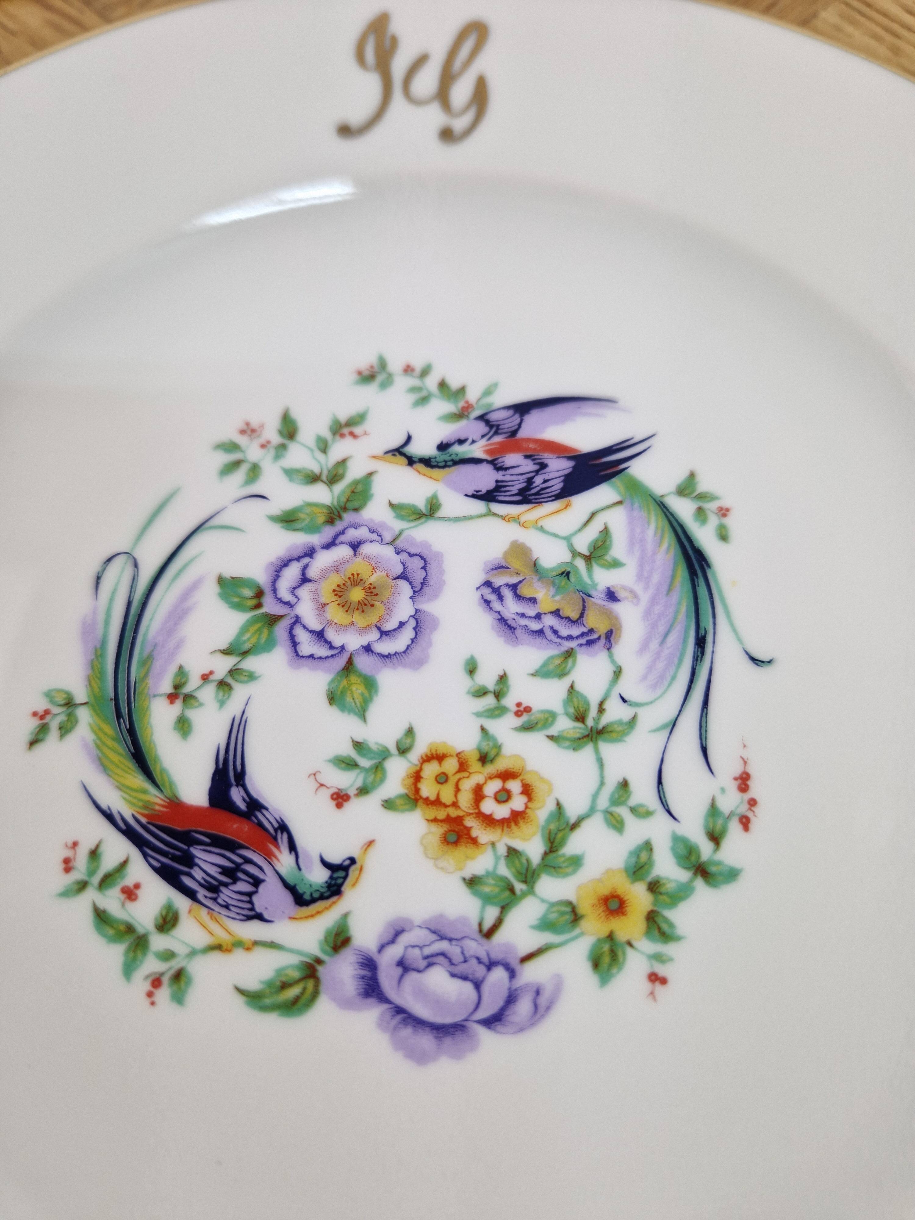 Set of 6 vintage dessert plates Limoges porcelain paradise bird