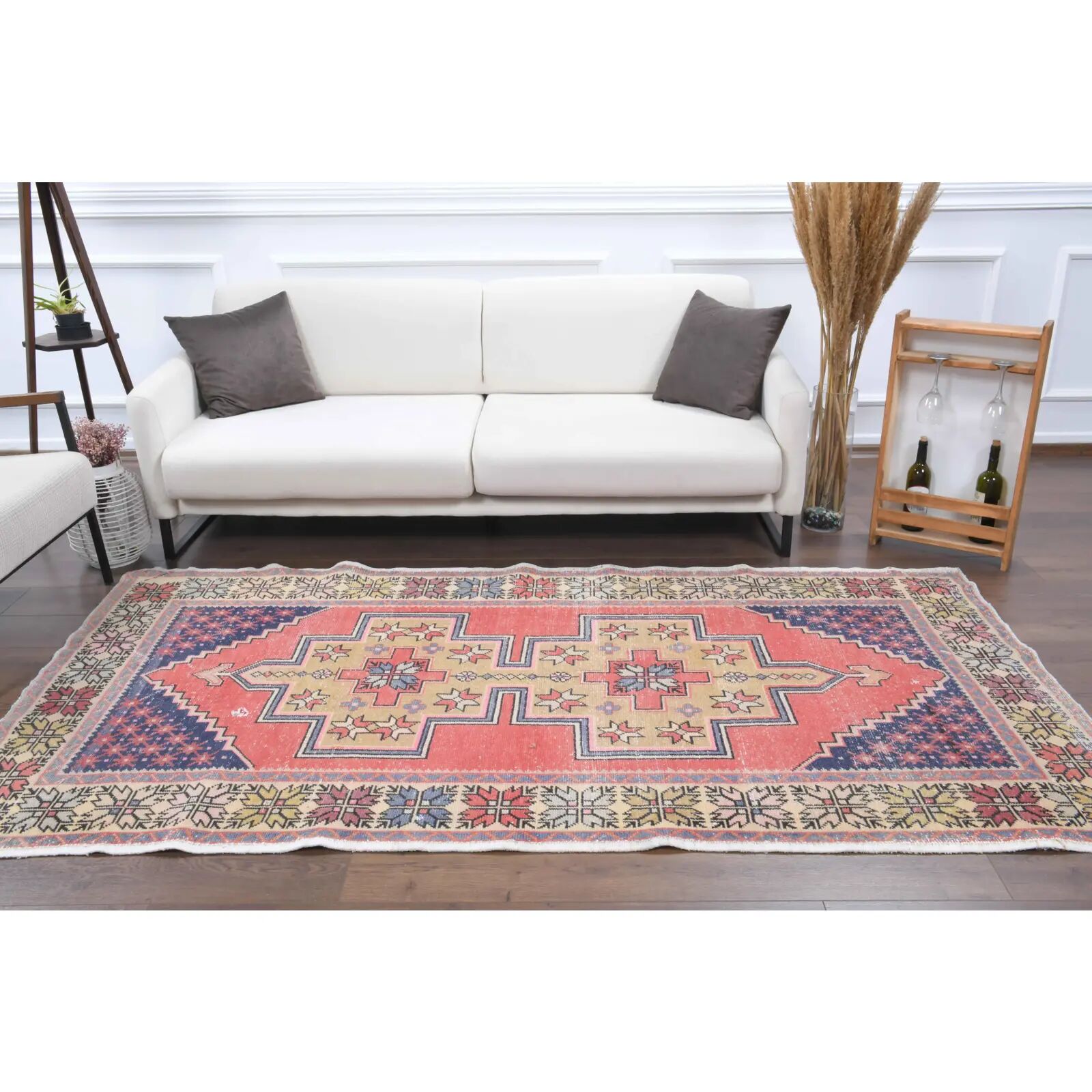 Vintage Turkish Oushak handmade wool cotton pink area rug 131x253