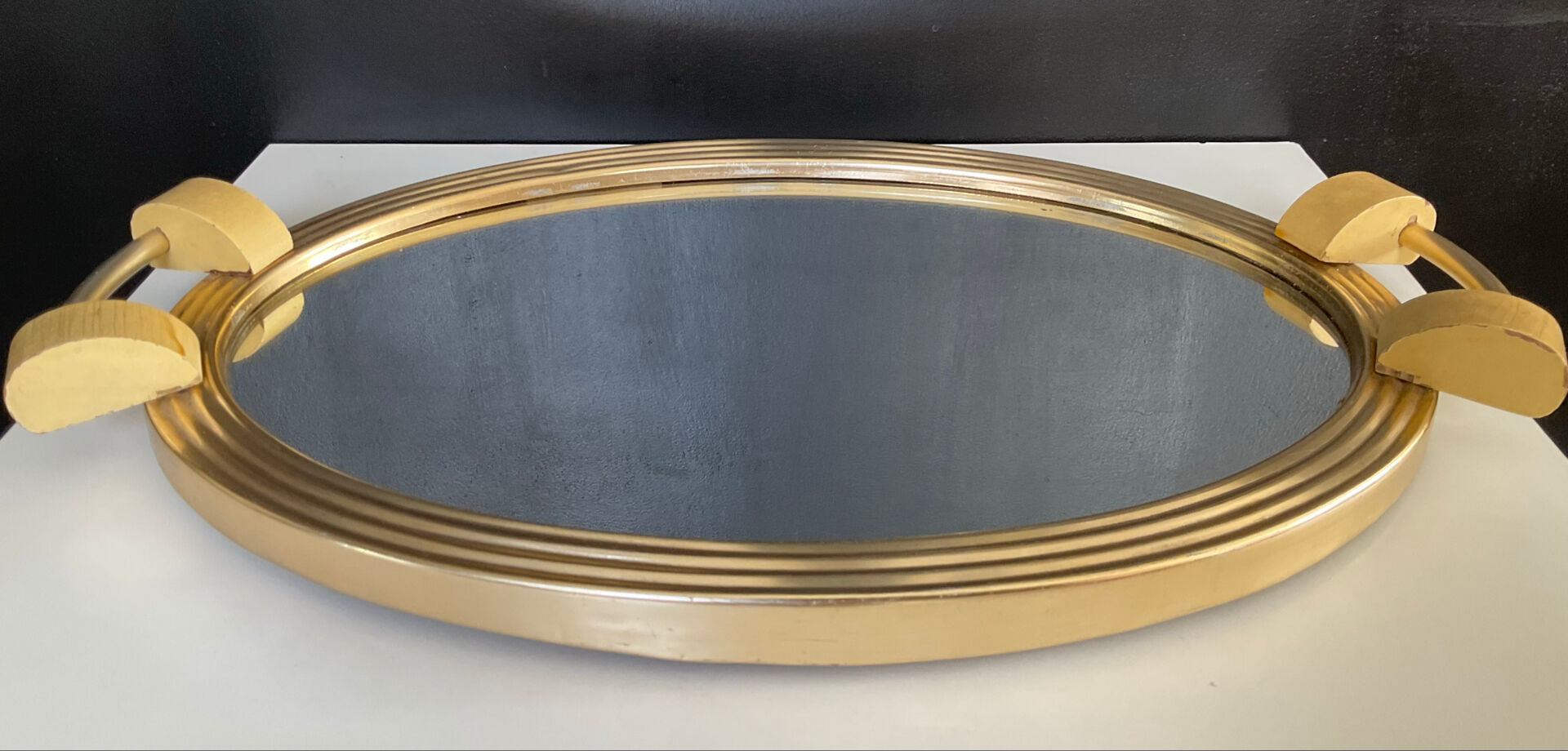 Plateau Art déco en aluminium doré bois et miroir