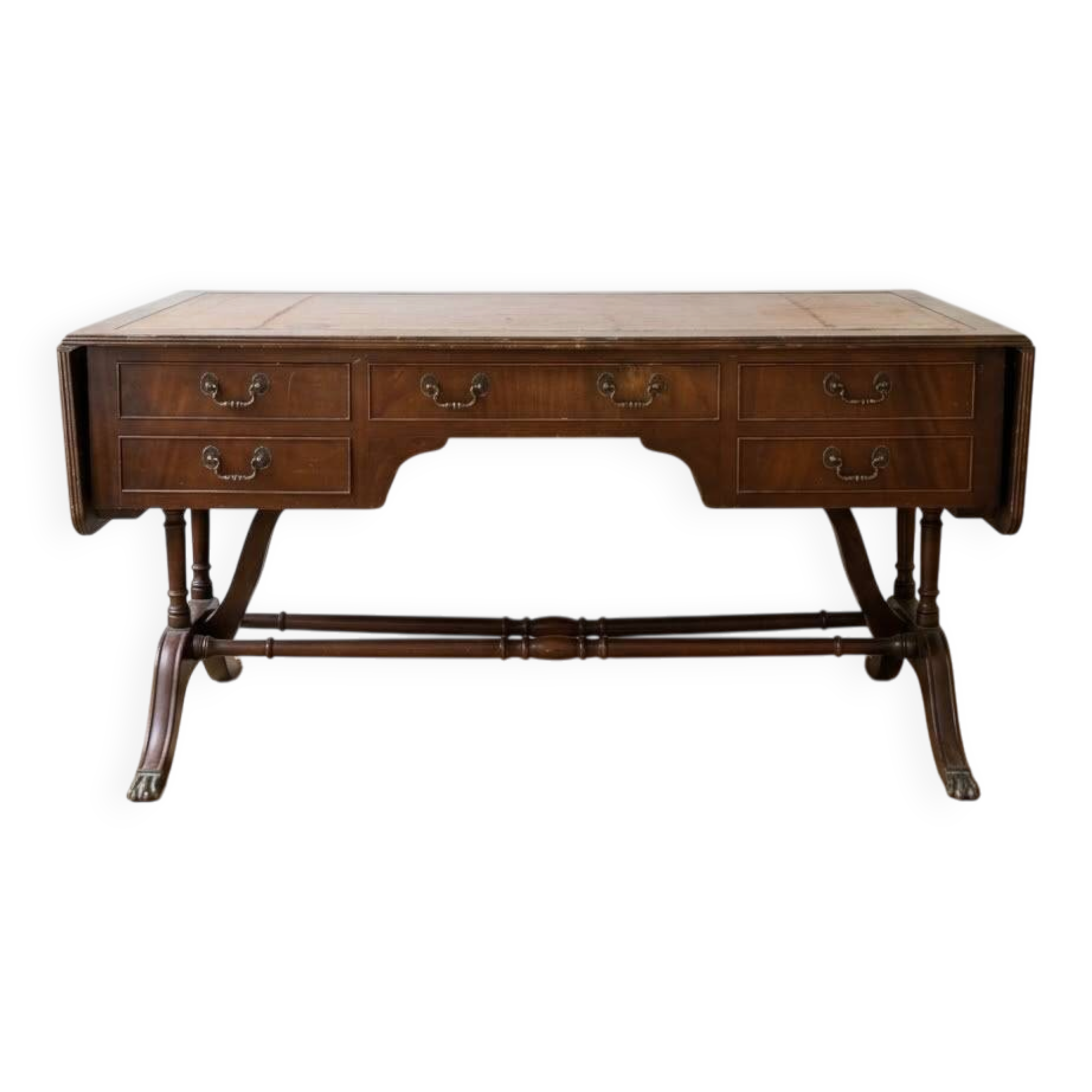 Antique wooden desk with a faux leather top and extensions.