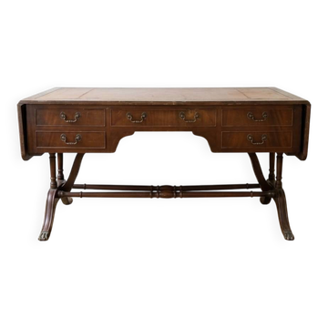 Bureau ancien en bois avec plateau en simili cuir et rallonges