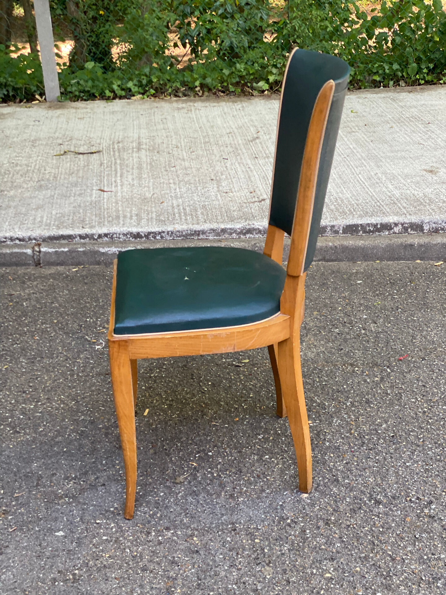 6 vintage solid wood dining chairs with blue-green leather