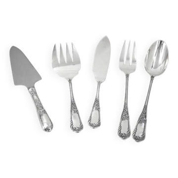 Ercuis Louis XV floral 5 pièces de service, ragout, poisson gâteau métal argenté