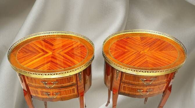 Pair of Bedside Tables / Salon in Marquetry Transition Style Louis XV/Louis XVI
