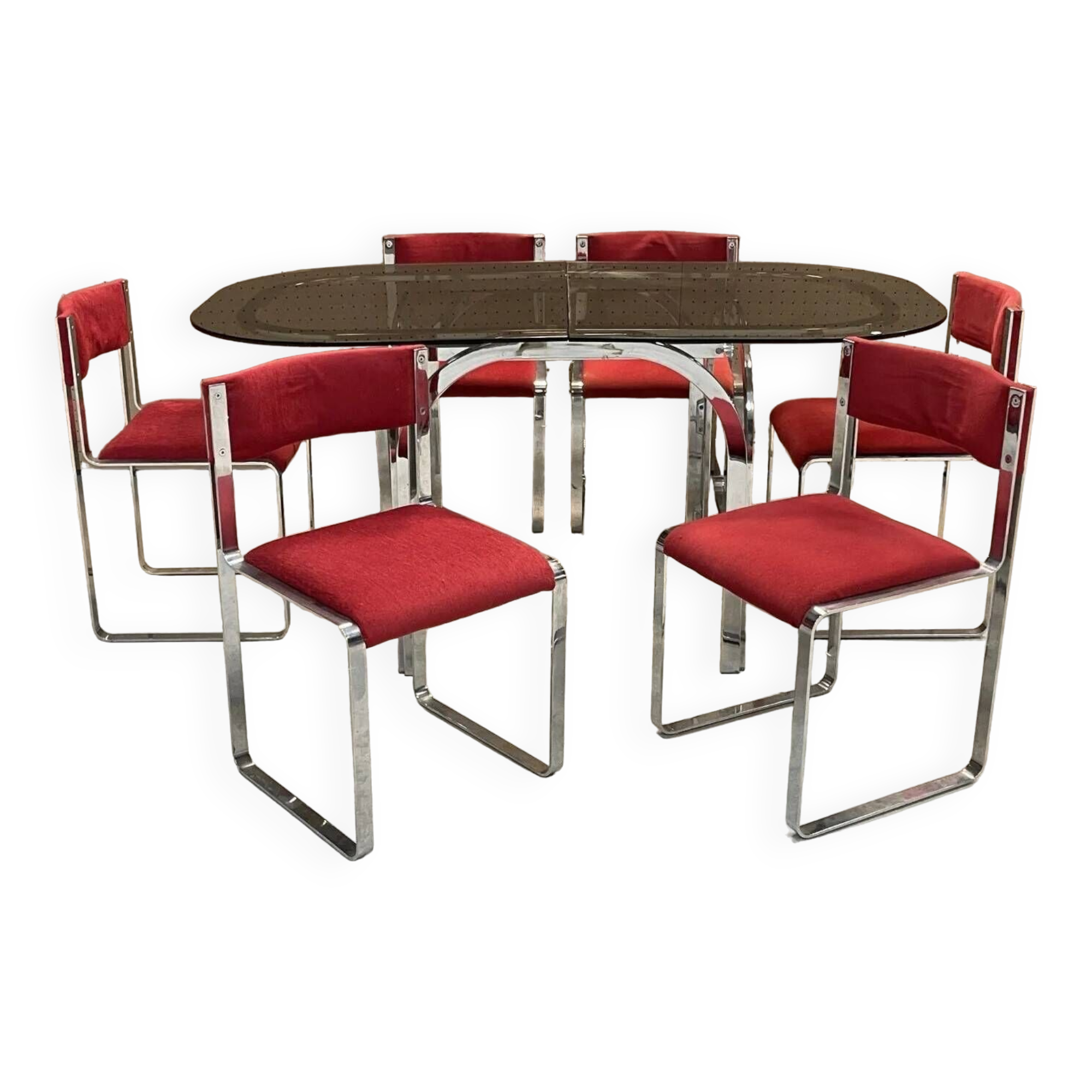 70s dining room set: glass table and 6 chairs