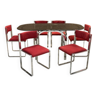 Ensemble de salle à manger années 70 : table verre et 6 chaises
