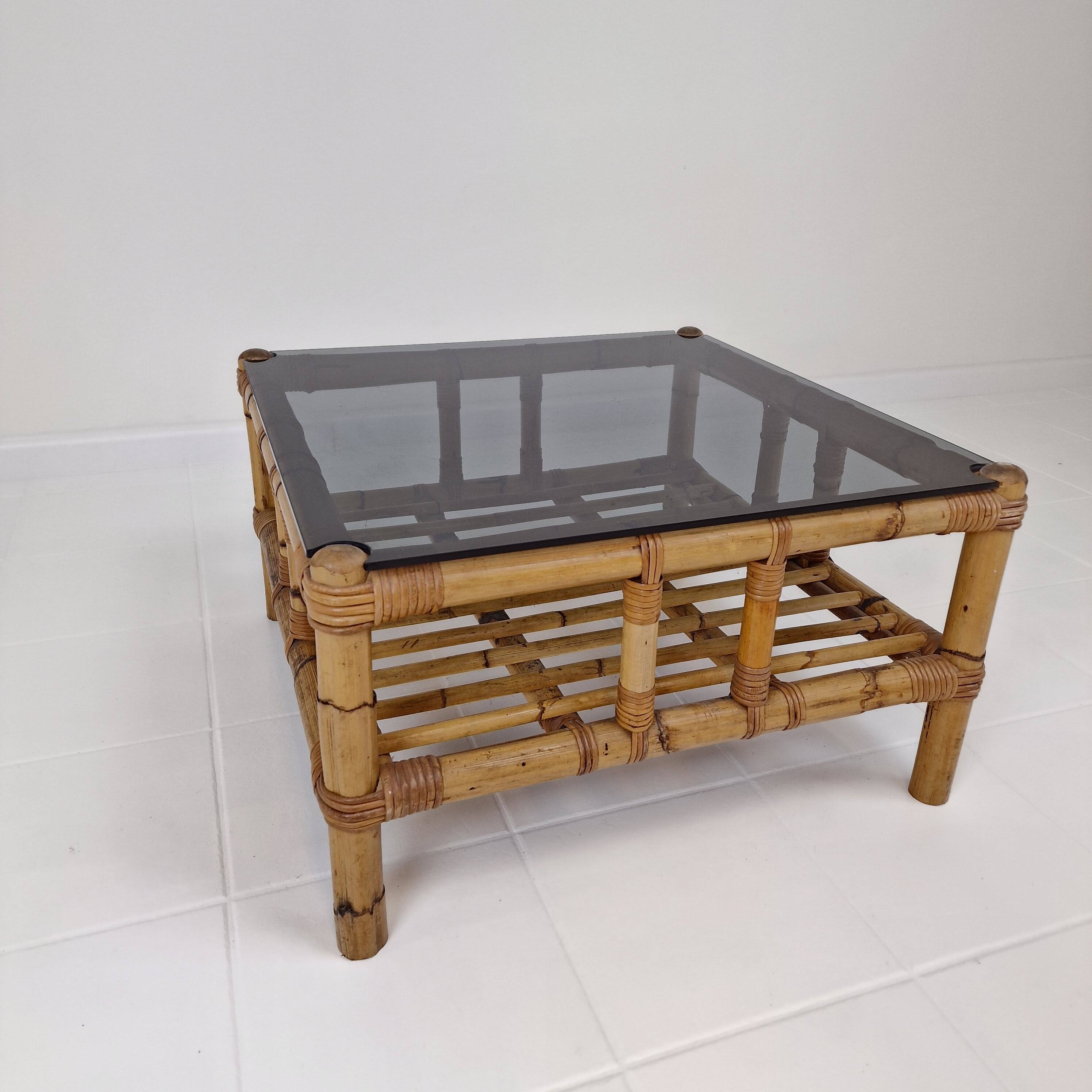 Italian bamboo coffee table with smoked glass, 1970s