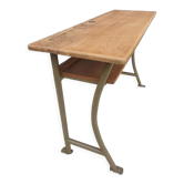 Bureau double d'écolier bois métal vintage piétement incurvé