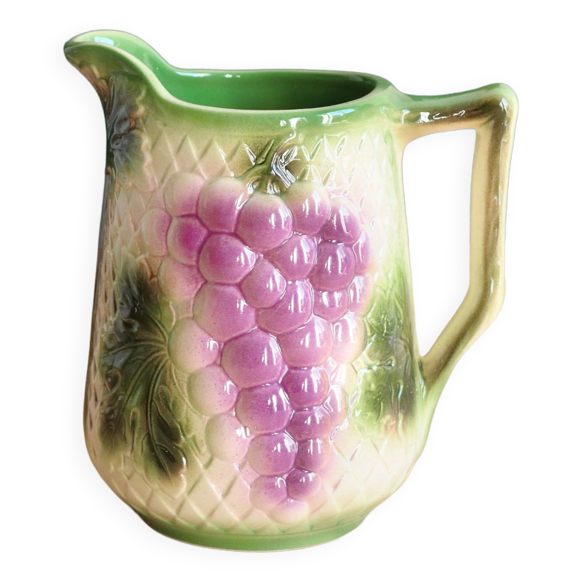 Barbotine pitcher from the 20s/30s with vine and grape decoration, Saint-Clément earthenware factory