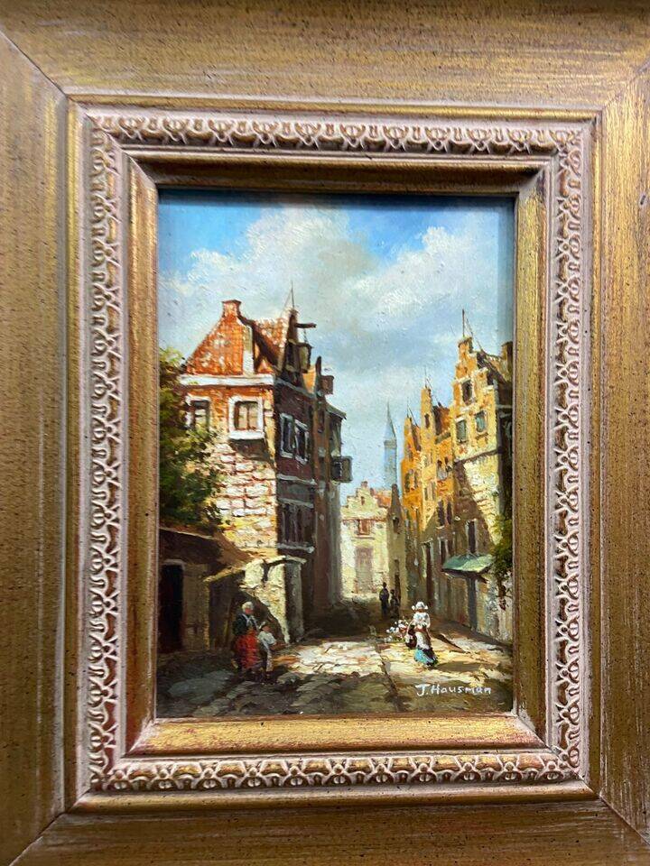Oil painting on panel German school busy street Germany J. Hausman