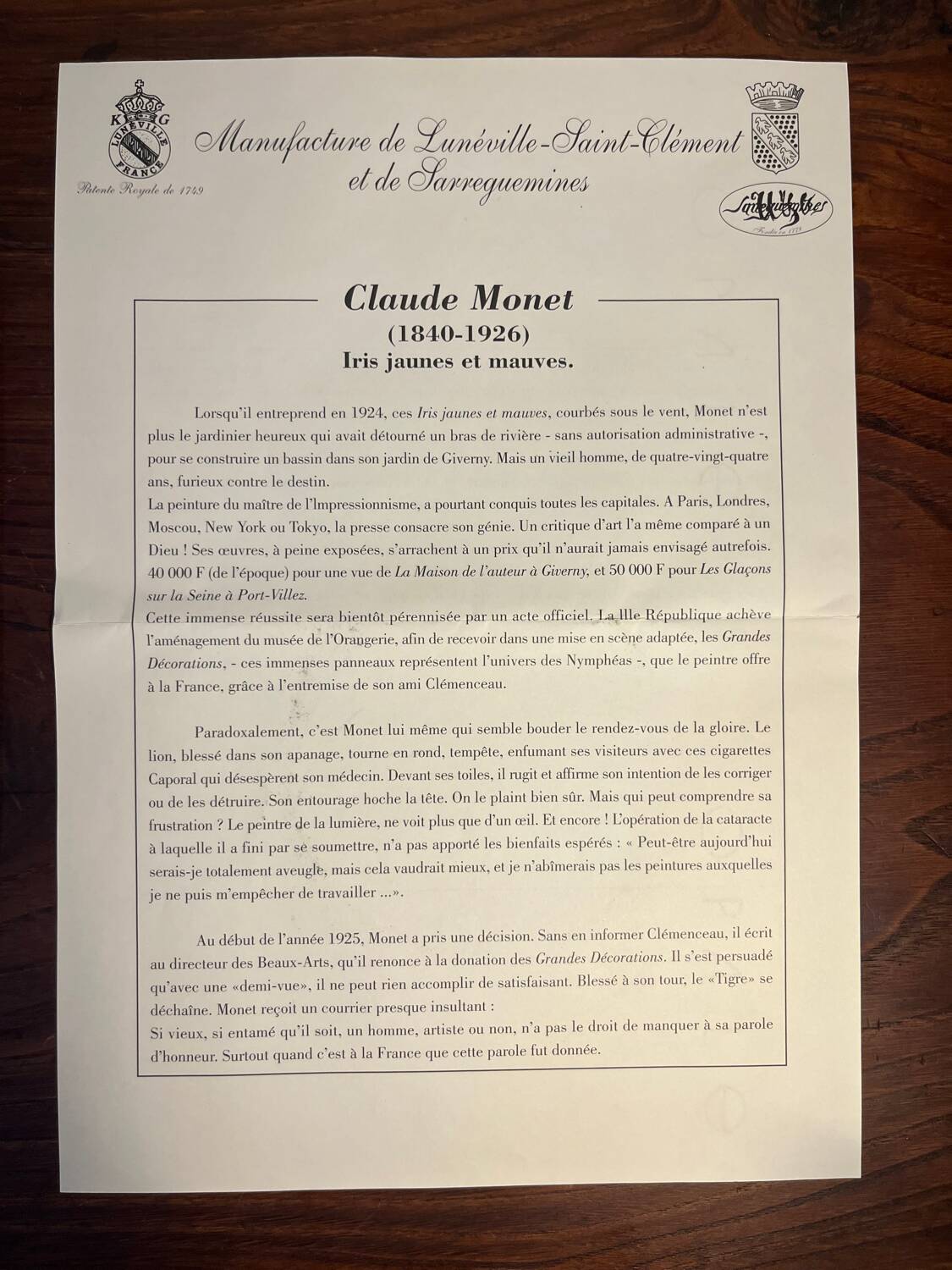 Luneville earthenware plate, irises, Claude Monet