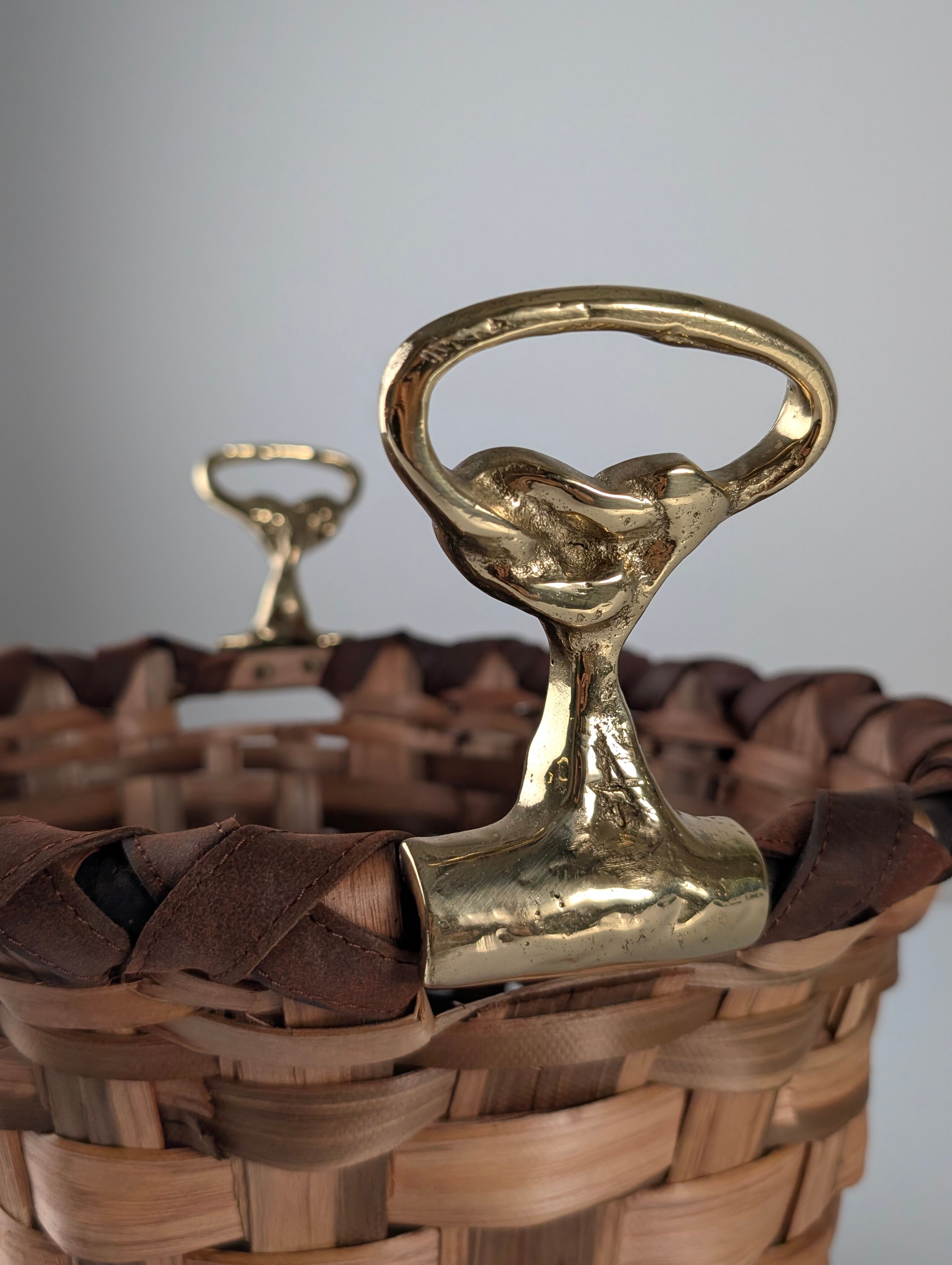 David Marshall brutalist splint wood and cast brass basket, 1970s