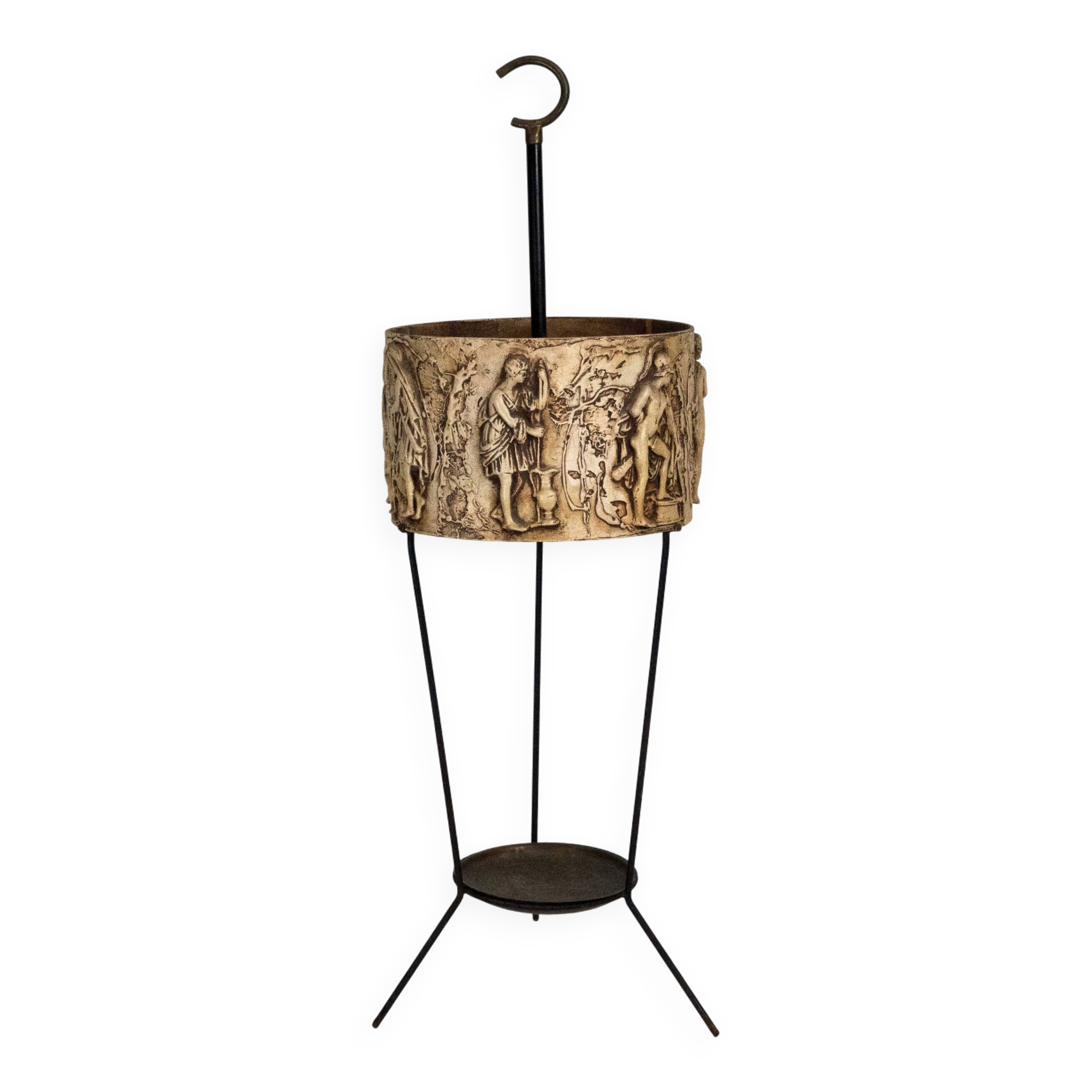 Mid-Century Umbrella Stand in Iron and Brass with Neoclassical Relief, Ital