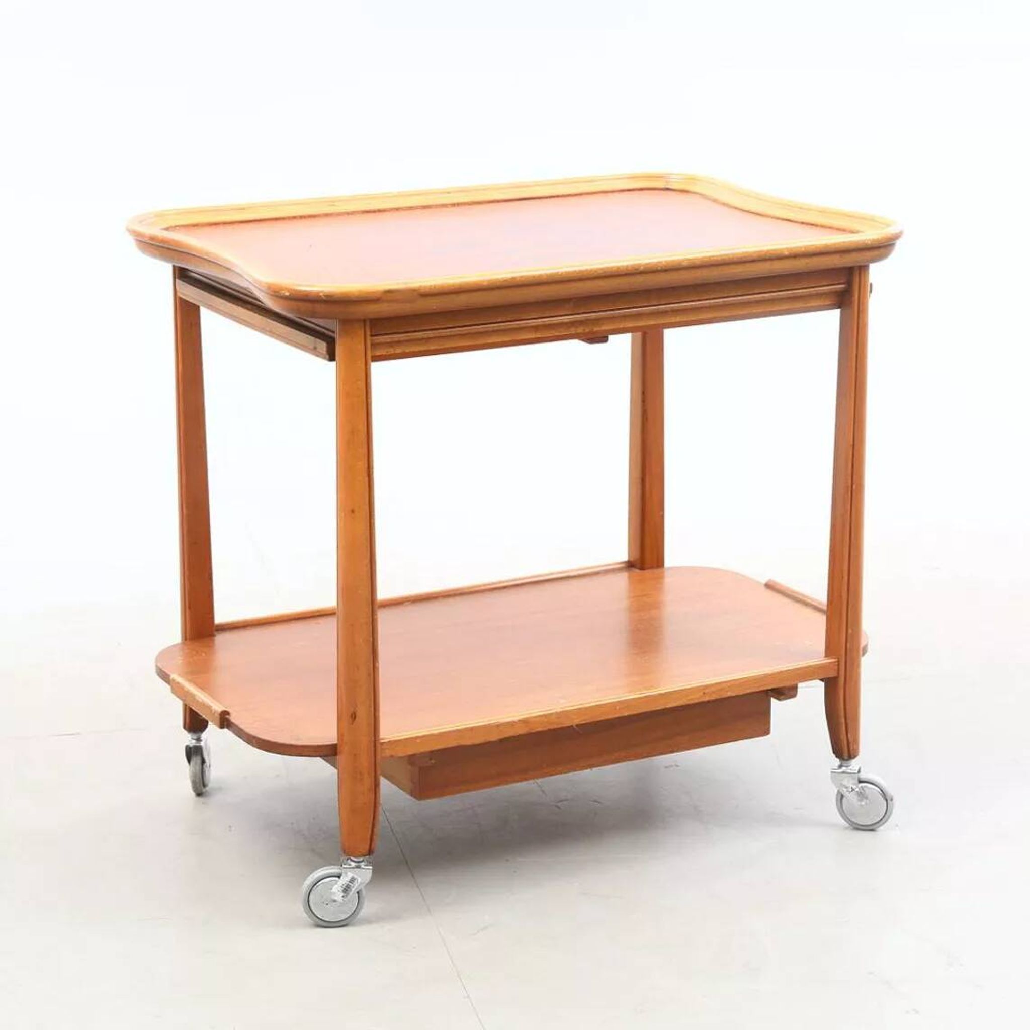 Scandinavian serving table on wheels made of wood and glass, Swedish design 1960.