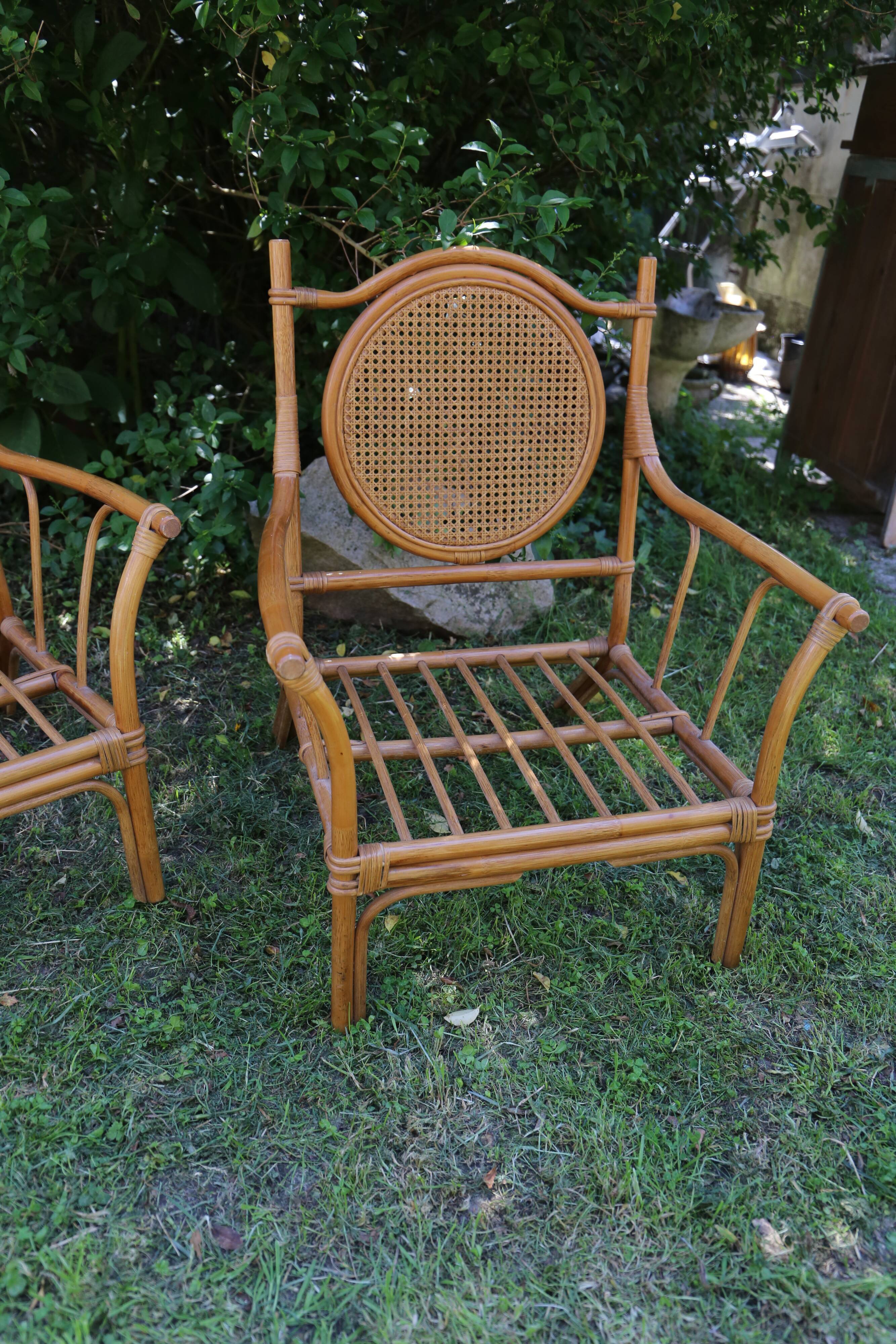 Duo of vintage rattan armchairs