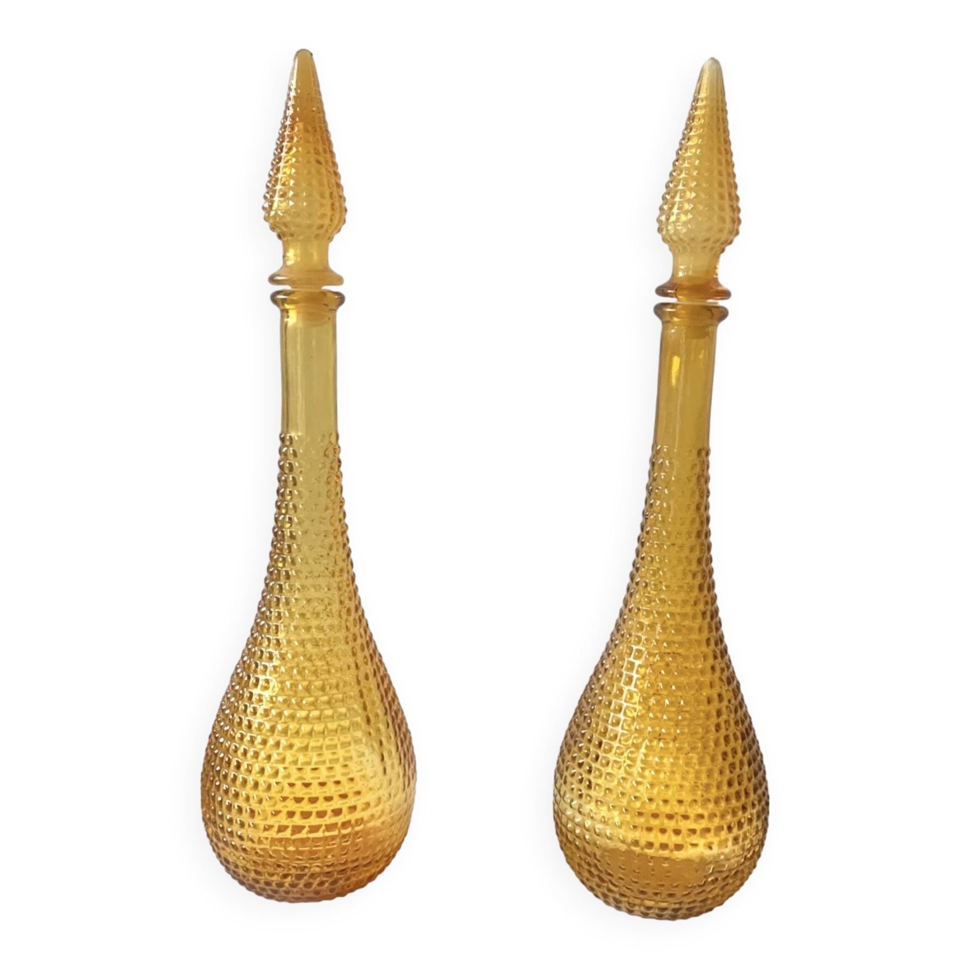Pair of vintage amber yellow Empoli glass decanters
