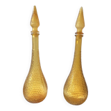 Pair of vintage amber yellow Empoli glass decanters